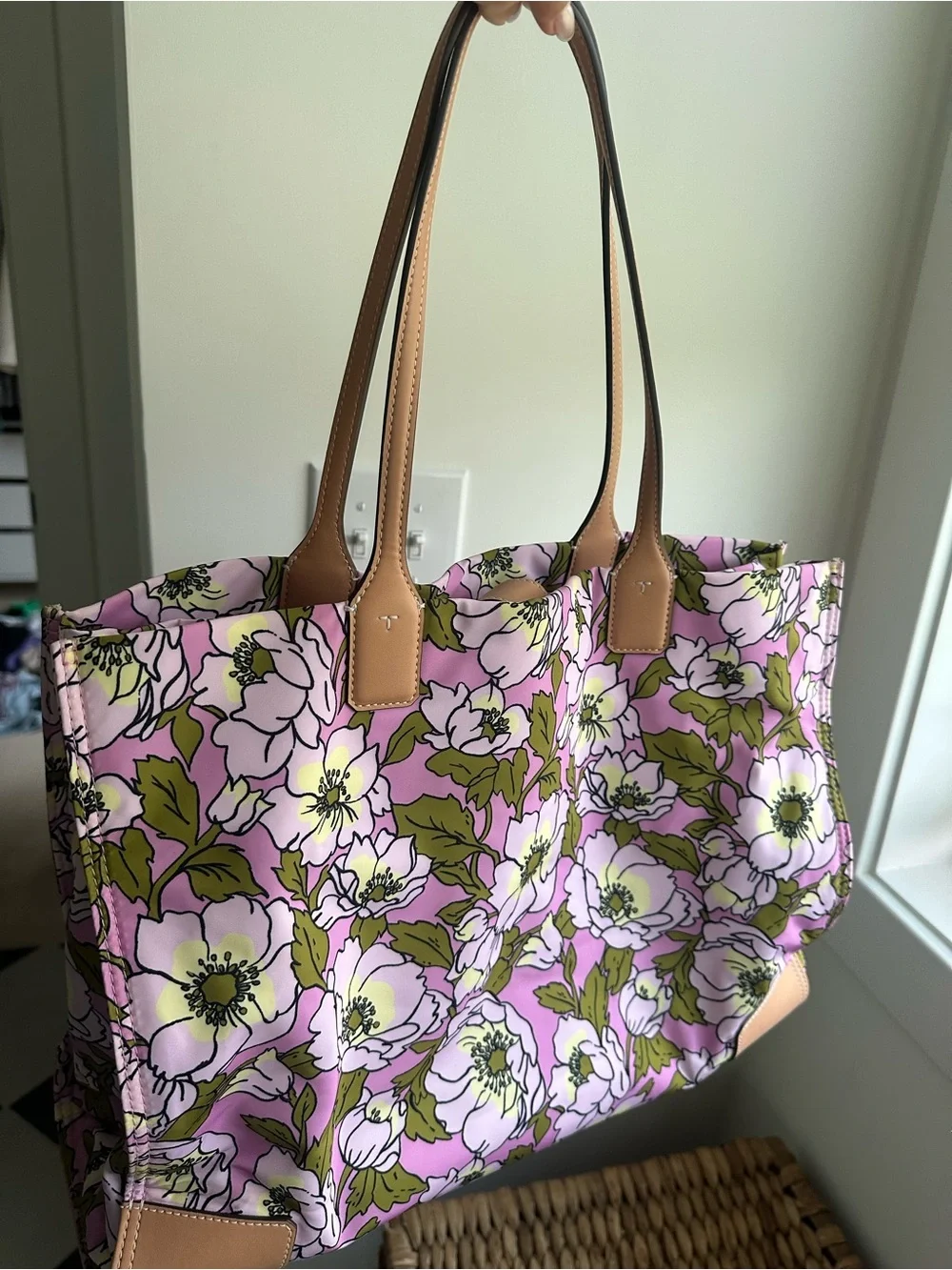 Tory Burch Pink Floral Tote with Tan Leather Accents
